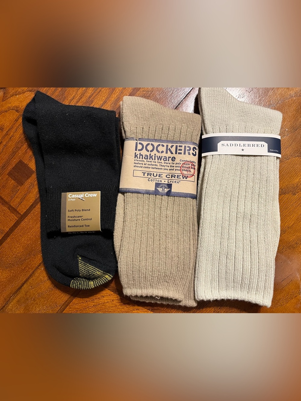 3 Pair Men’s Socks Black Gold Toe, Brown Dockers, tan Saddlebred. New With Tags - Picture 1 of 3